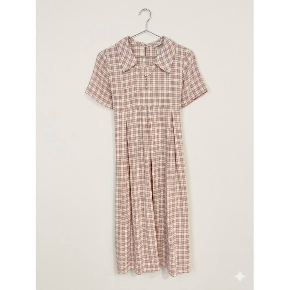 VNTG 90s Pink White Gingham Pearl‎ Neck Empire Waist 50s Revival Size M/L